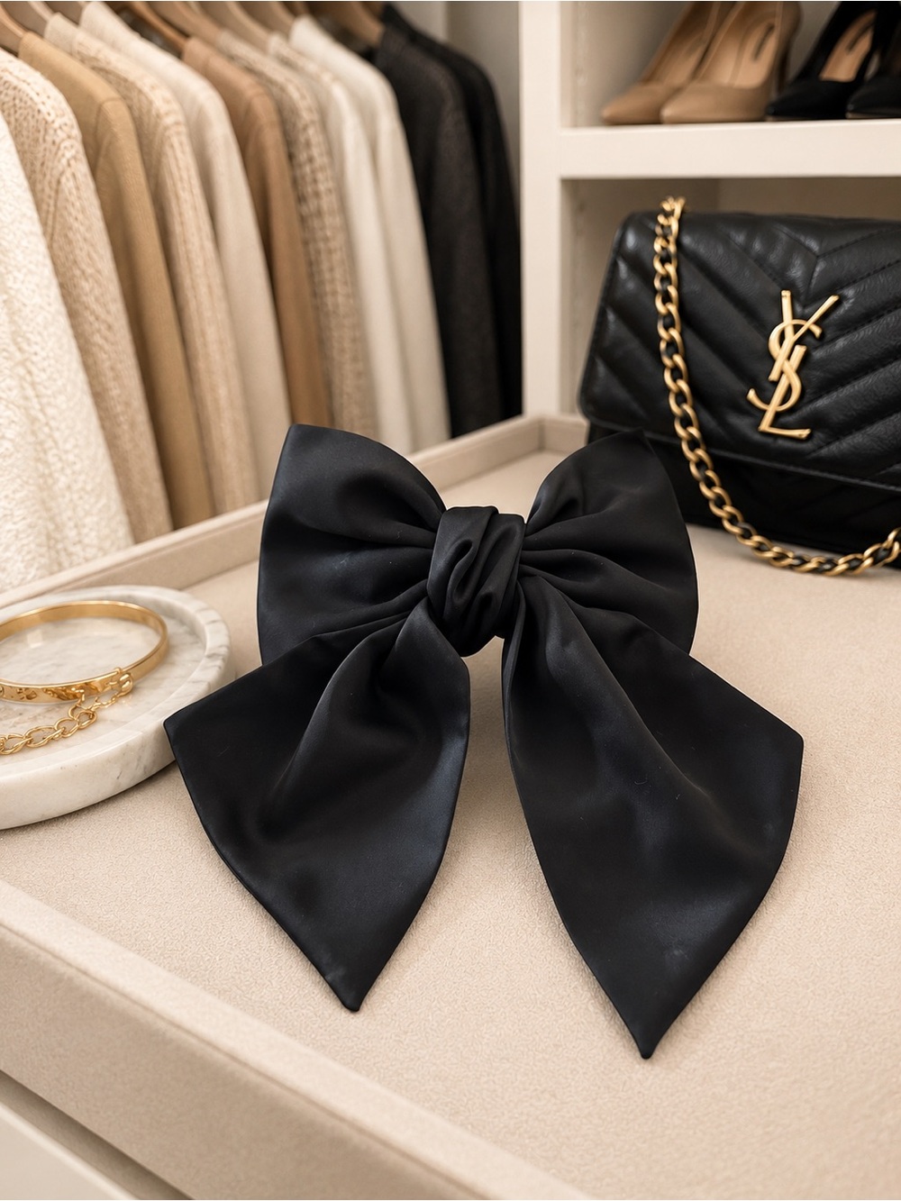 Elegant Black Satin Bow Hair Clip - Designer Style